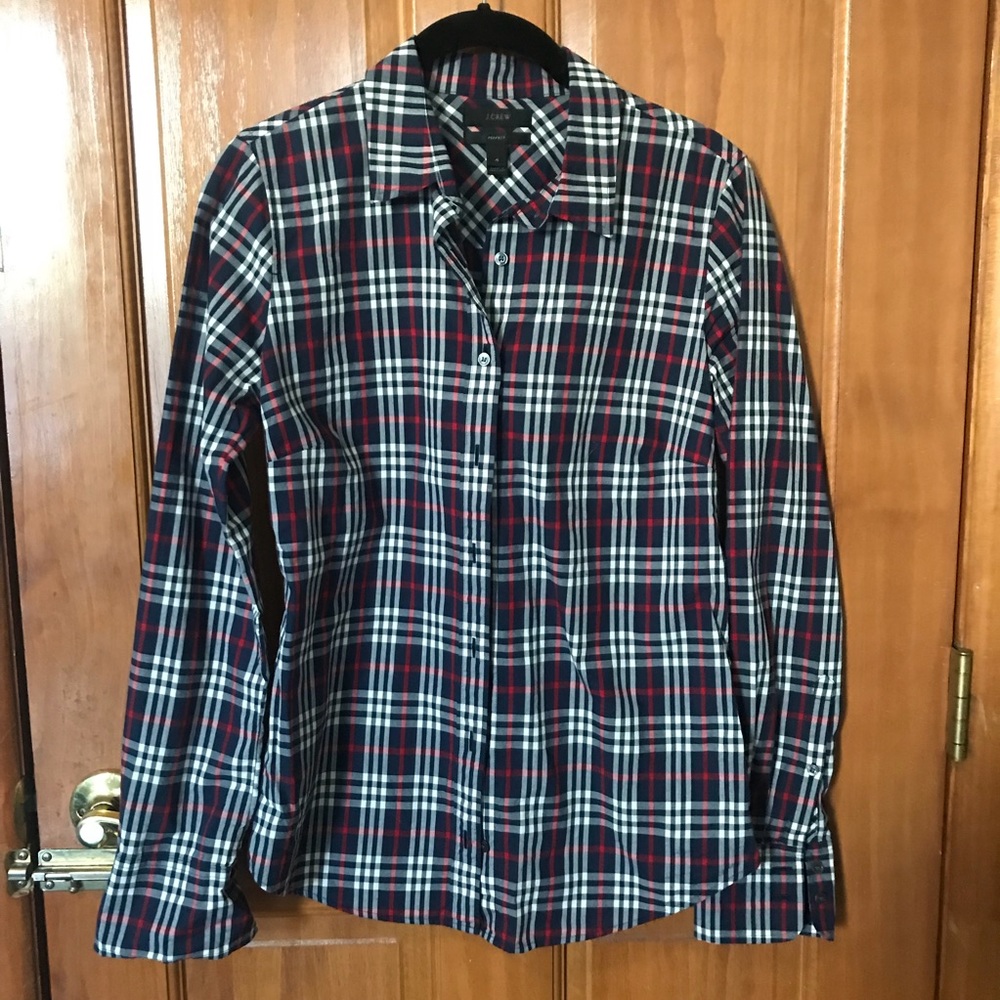 JCrew plaid red, black and white button down.
